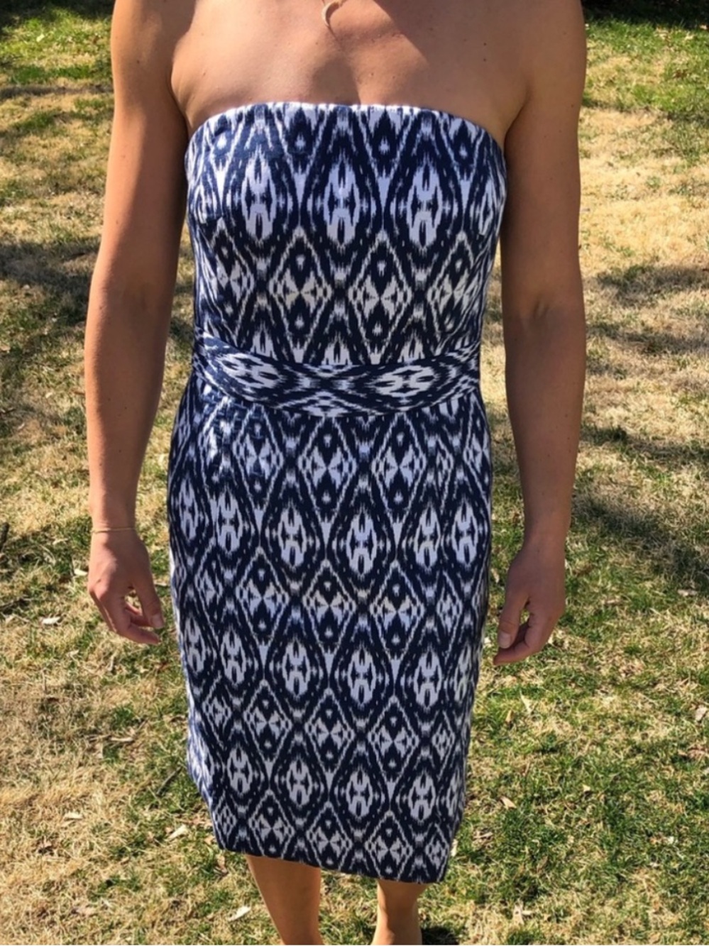 Banana Republic Navy and White Strapless Printed Sheath Dress